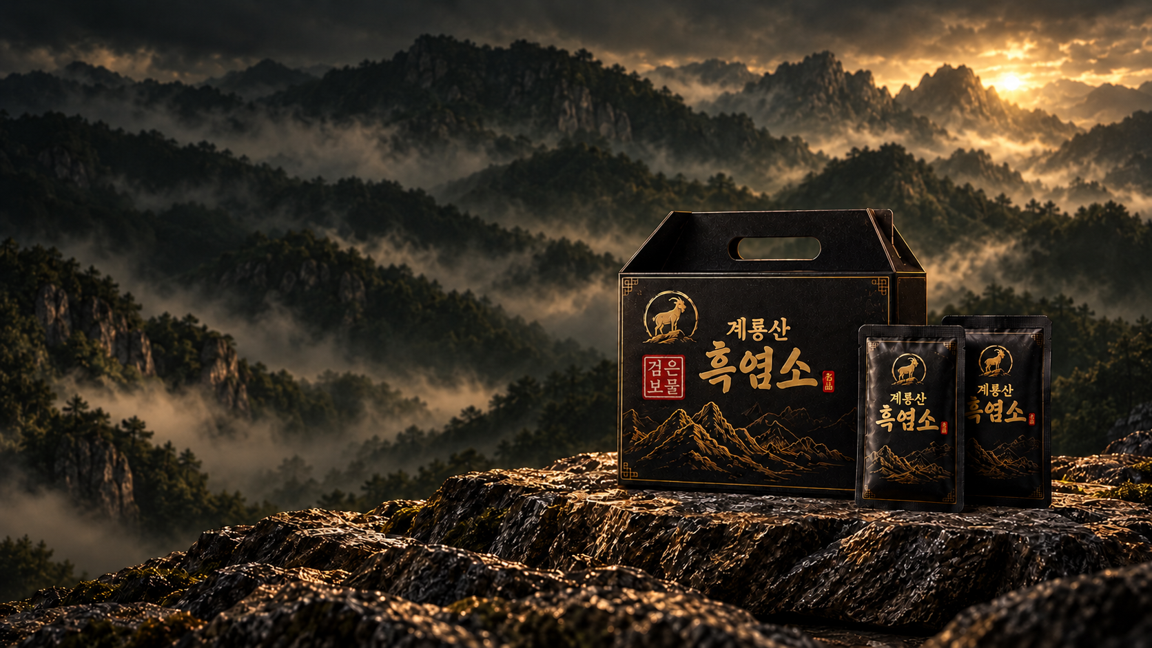 안개 낀 산과 바위 위에 놓인 계룡산 흑염소 선물 상자와 파우치 제품 연출